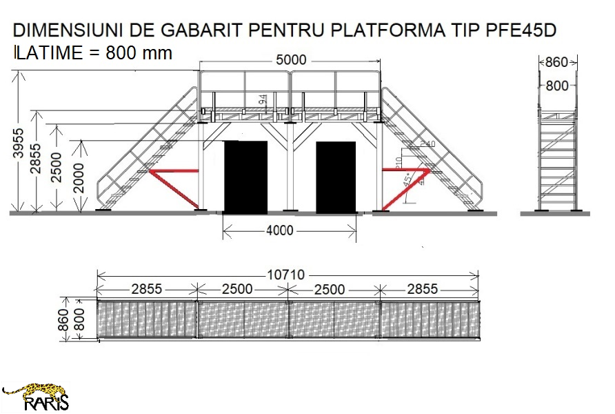 Platforma aluminiu RARIS 45 grade, dubla, podina extinsa, Gmax =400 kg - tip PFE45D